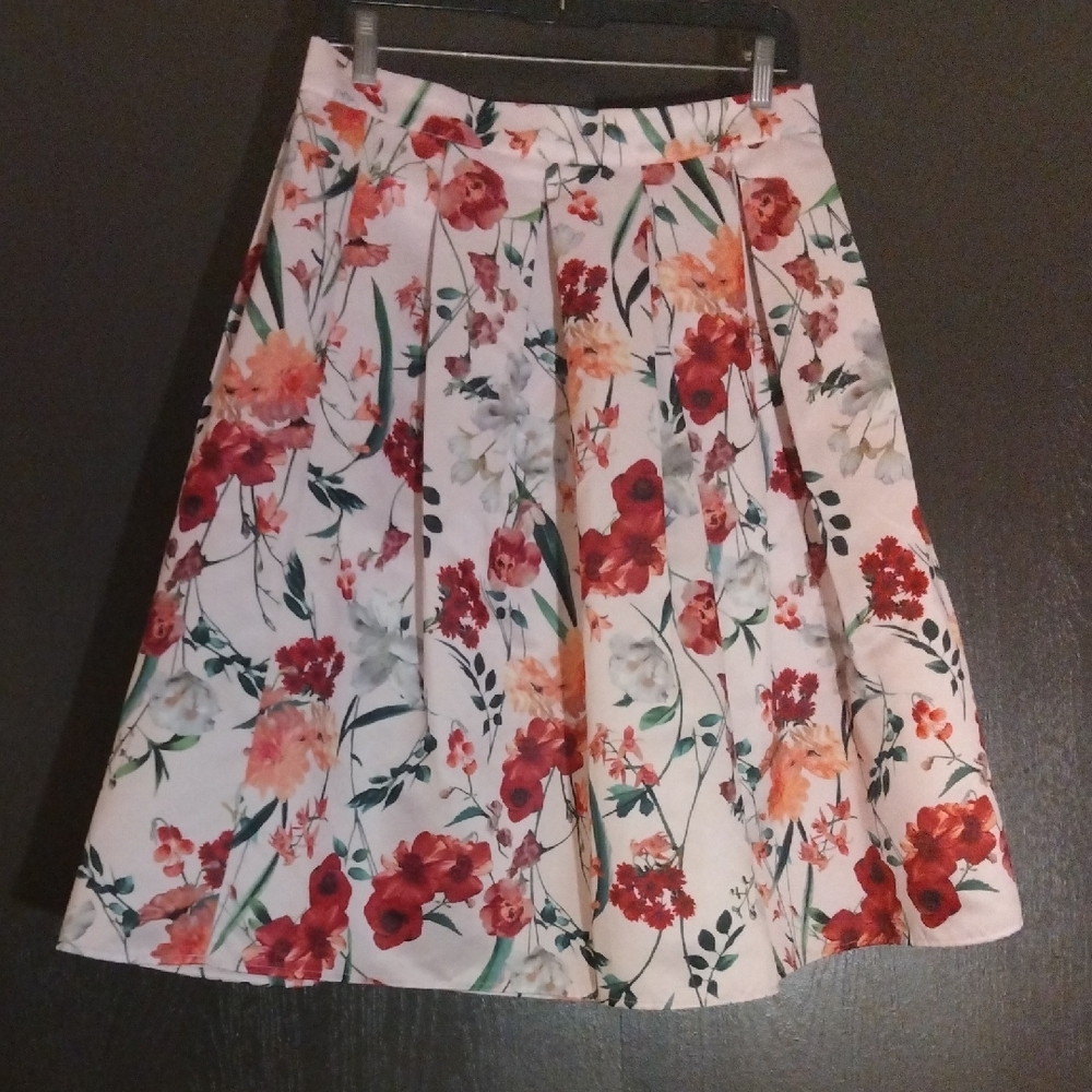 Pink Floral Pleated A-Line Midi Skirt By Forever 21.